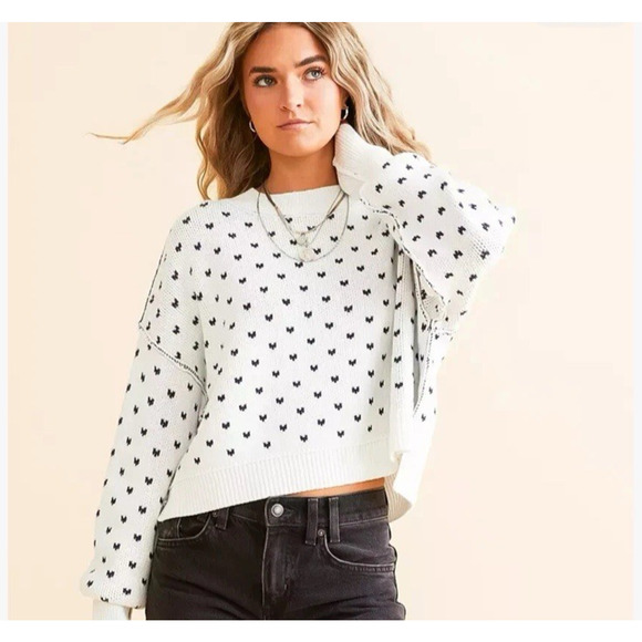 Free People Patterned Easy Street Boxy Cropped Sweater Women's M White/Navy L/S - Picture 1 of 7
